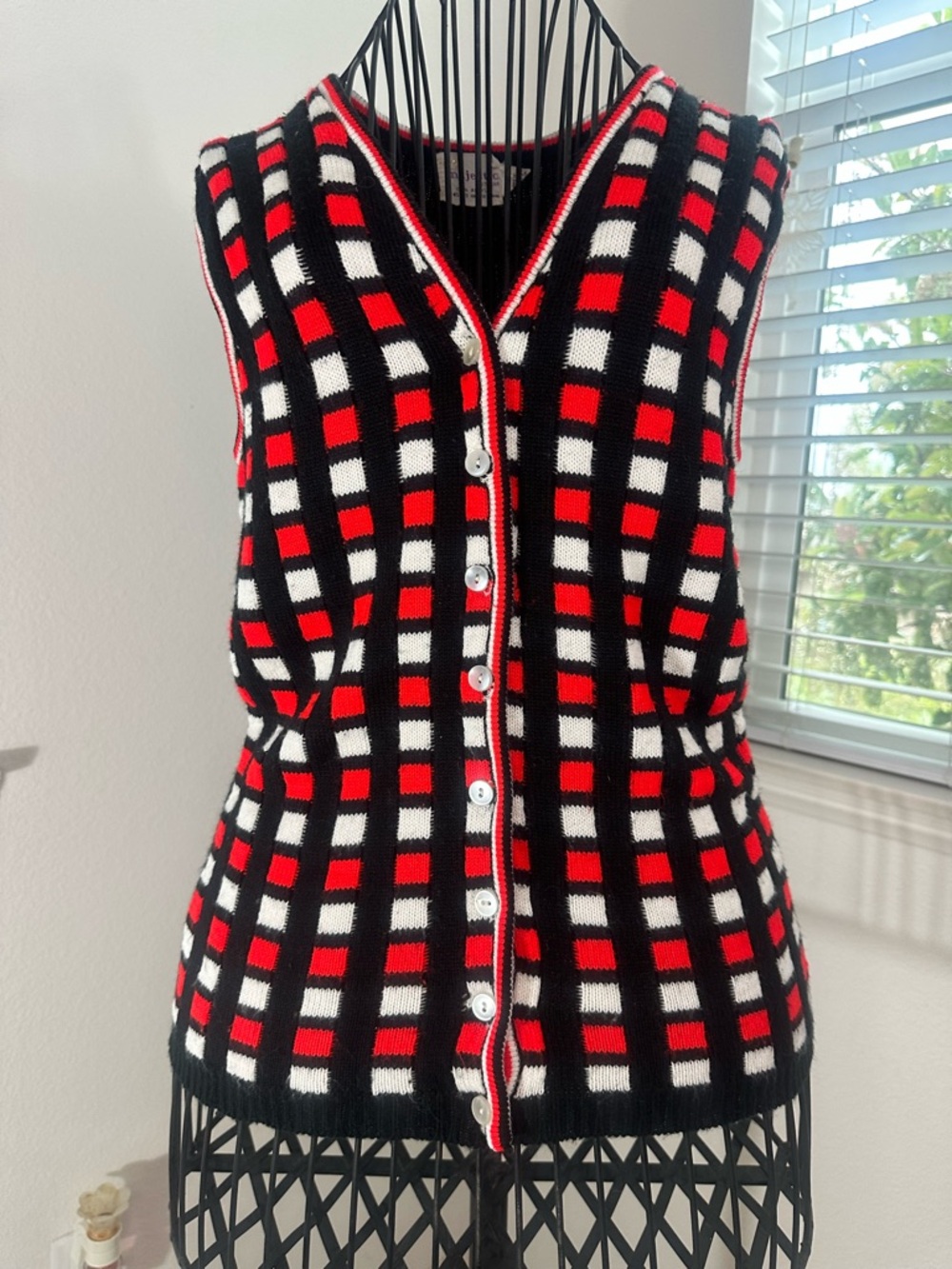 Majestic Black Red White Checker Knit Vest